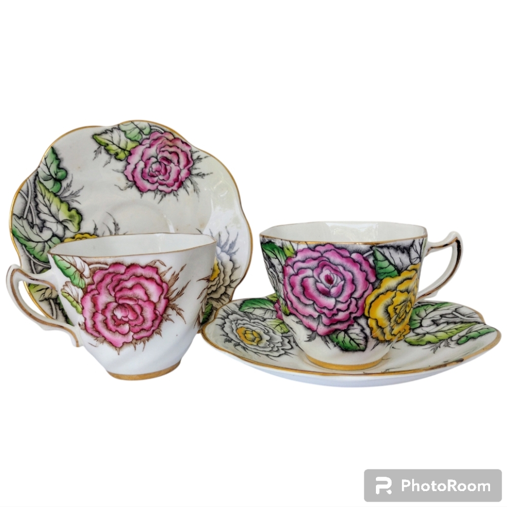 SET OF 2- ROSINA Bone China England Teacups & Saucers Coffee Cups Flowers